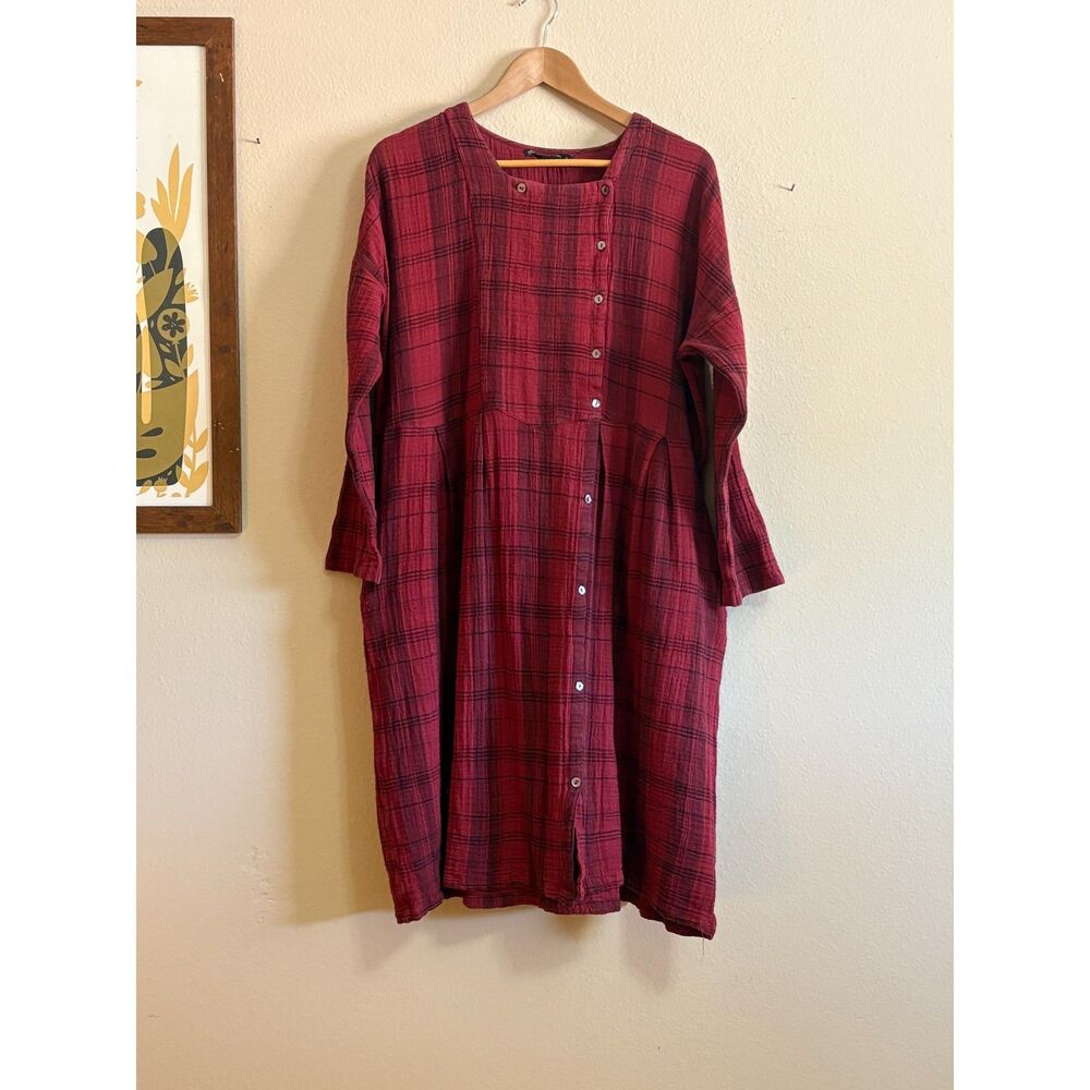 100% Organic Cotton Fall Winter Gudrun Sjödén Checked Red Dress XL - Picture 1 of 3